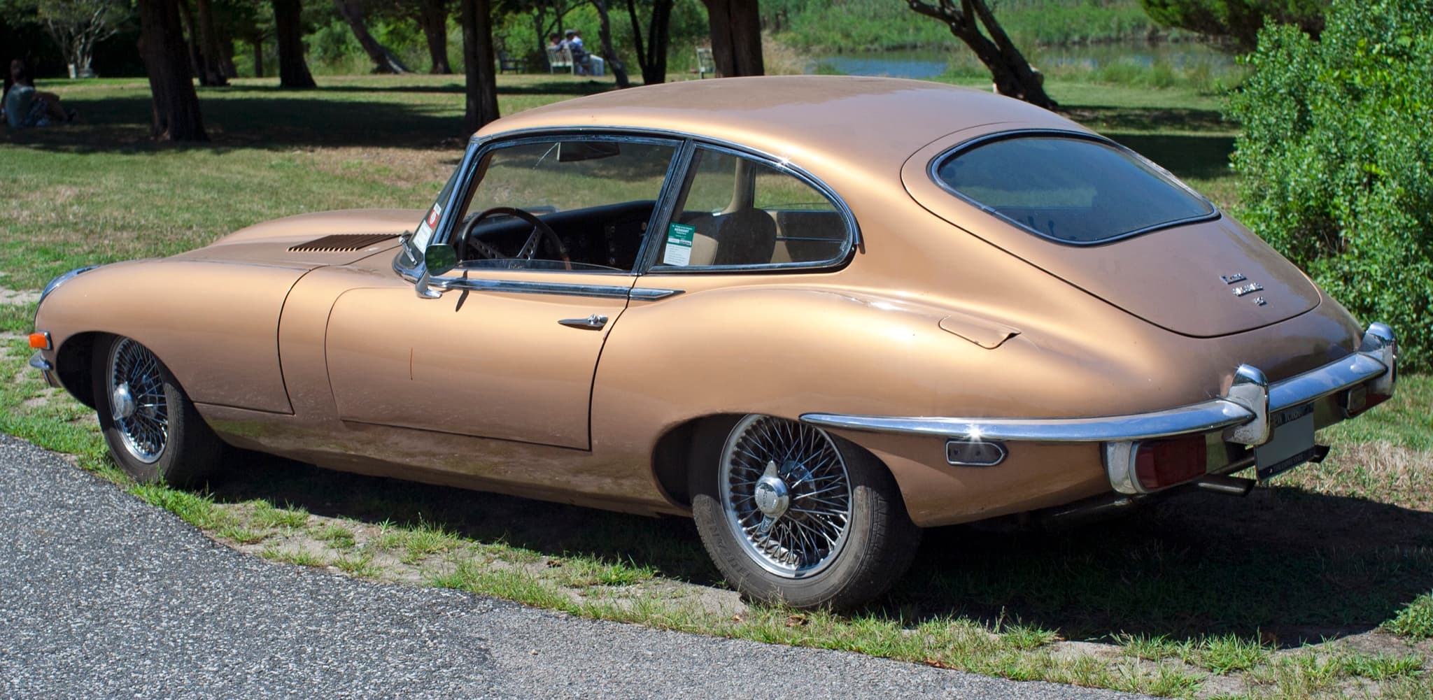 The tail of a gold E-Type 2+2, with large tail lamps below a raised wrap-round bumper.