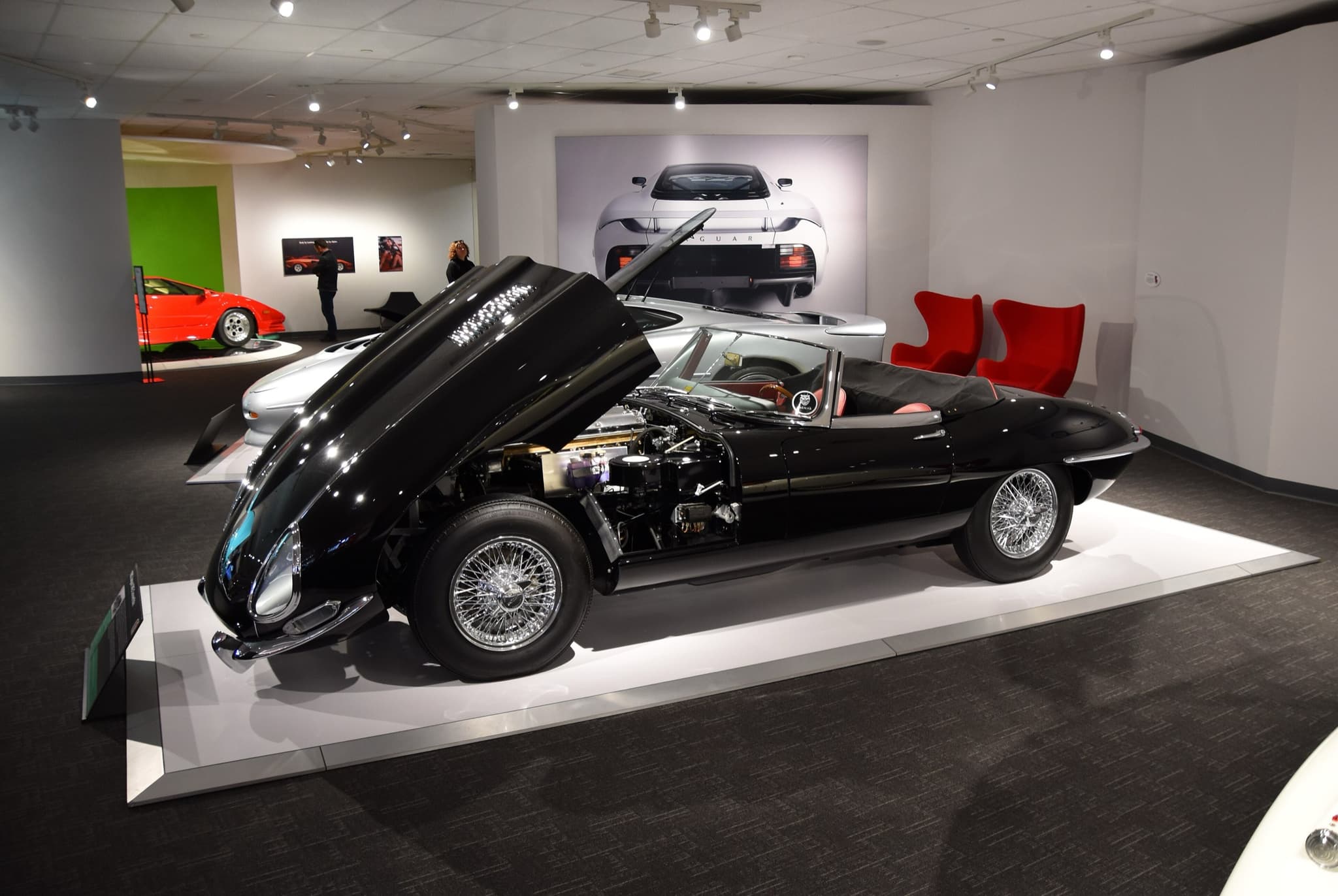 A black E-Type roadster with its bonnet tipped forward on a white plinth in a gallery.
