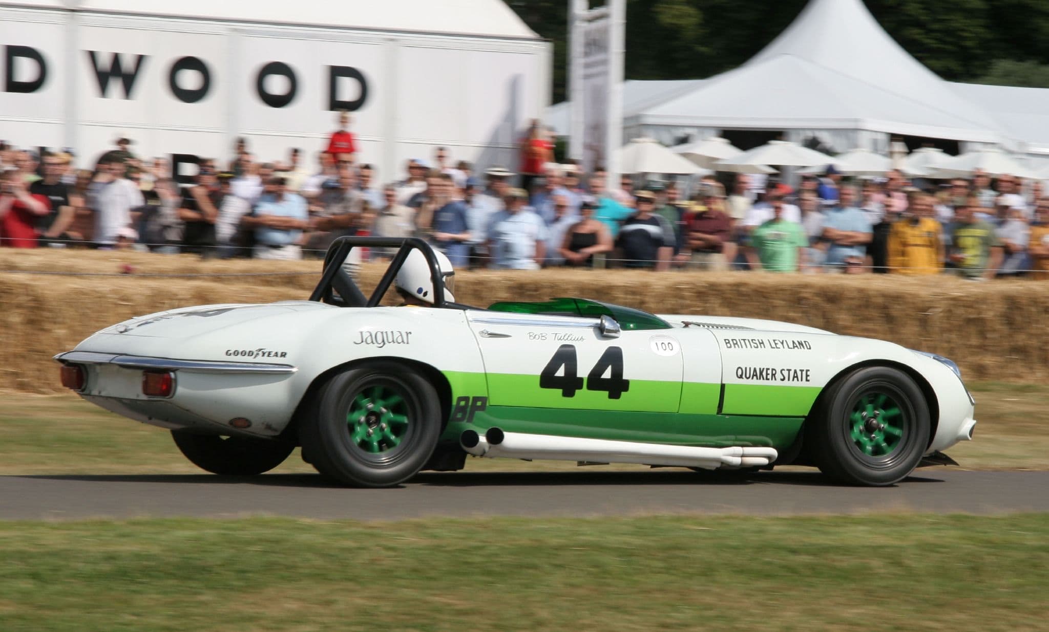A white and green E-Type V12 race car with side exhaust pipes passing a crowd.