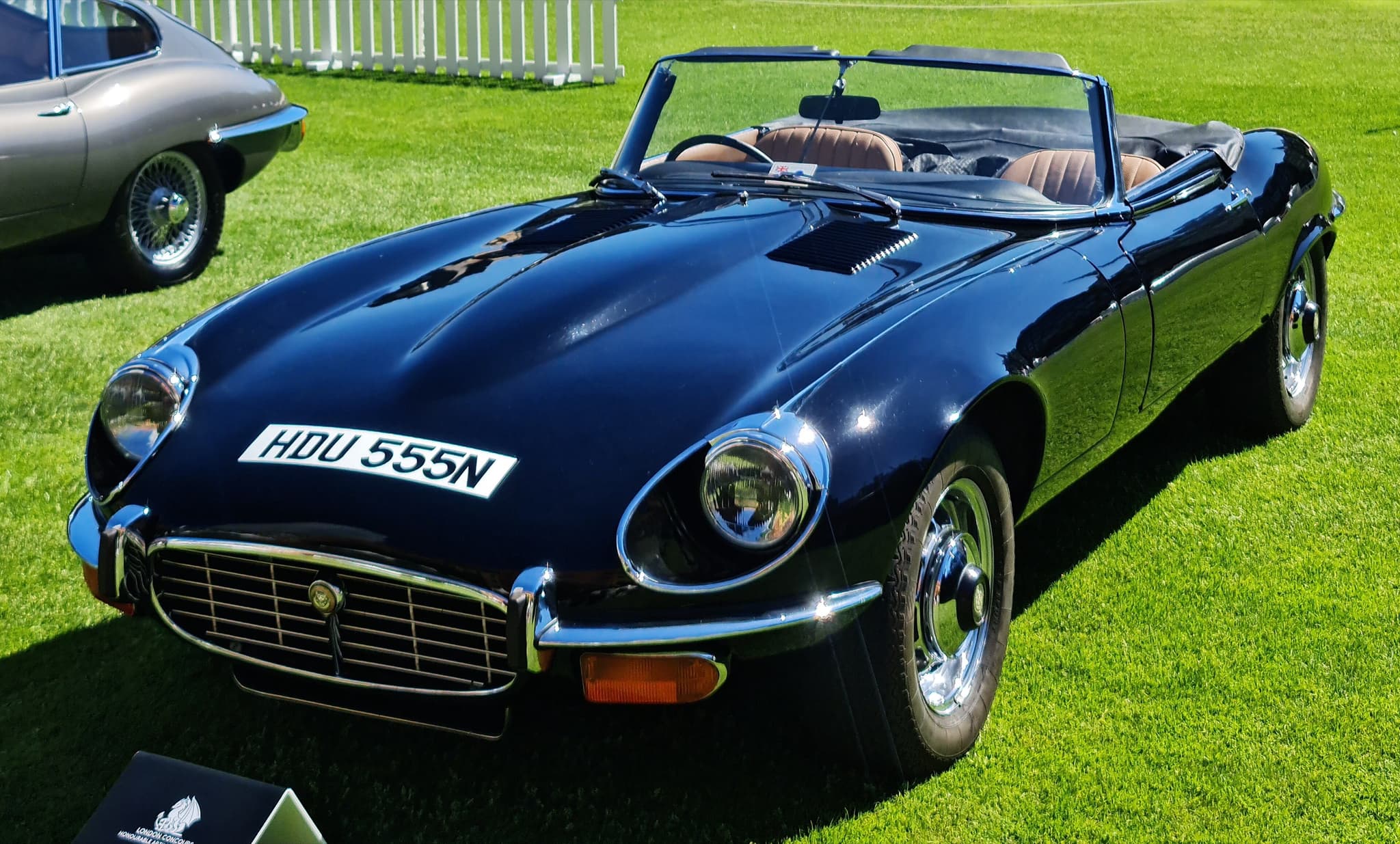 A black E-Type V12 roadster with chrome wire wheels and the registration HDU 555N on grass.