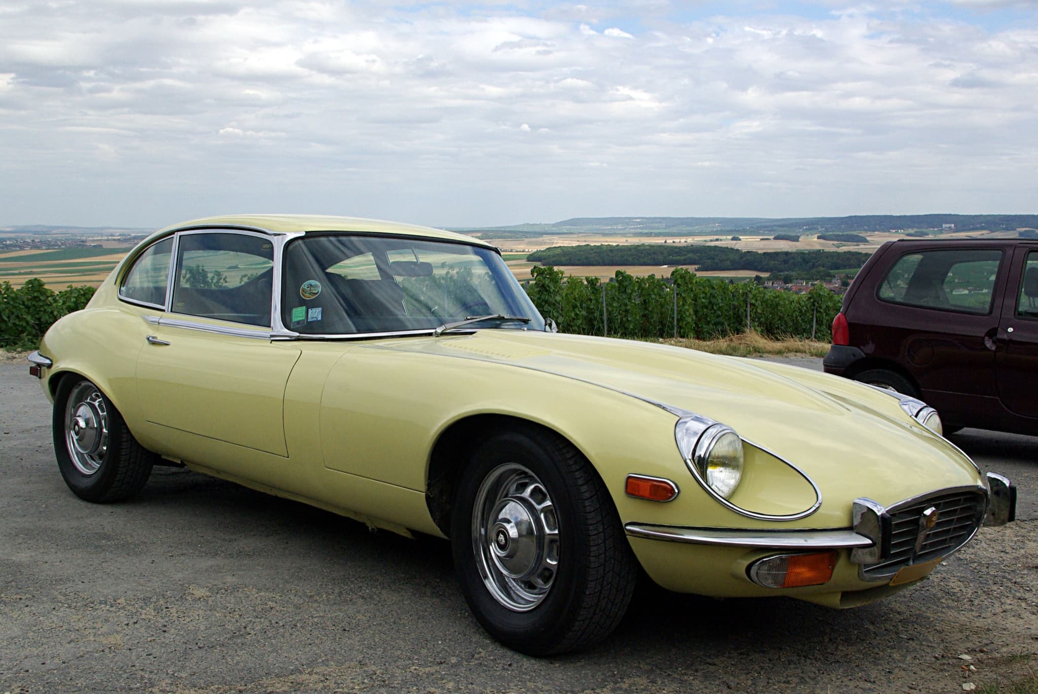 A pale yellow E-Type 2+2 with a cross-hatched grille parked on gravel above vineyards. Opens a larger view