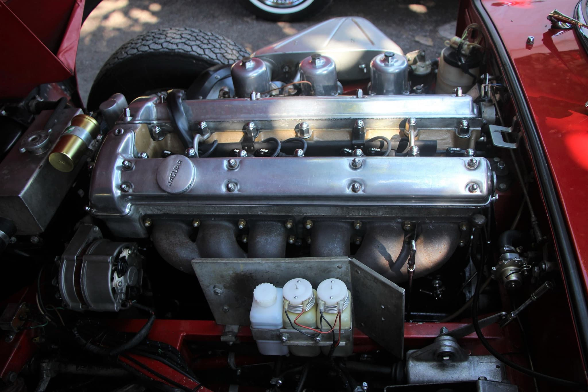 The exhaust side of an E-Type's six-cylinder engine, with its polished cam cover, exhaust manifolds and three fluid reservoirs.