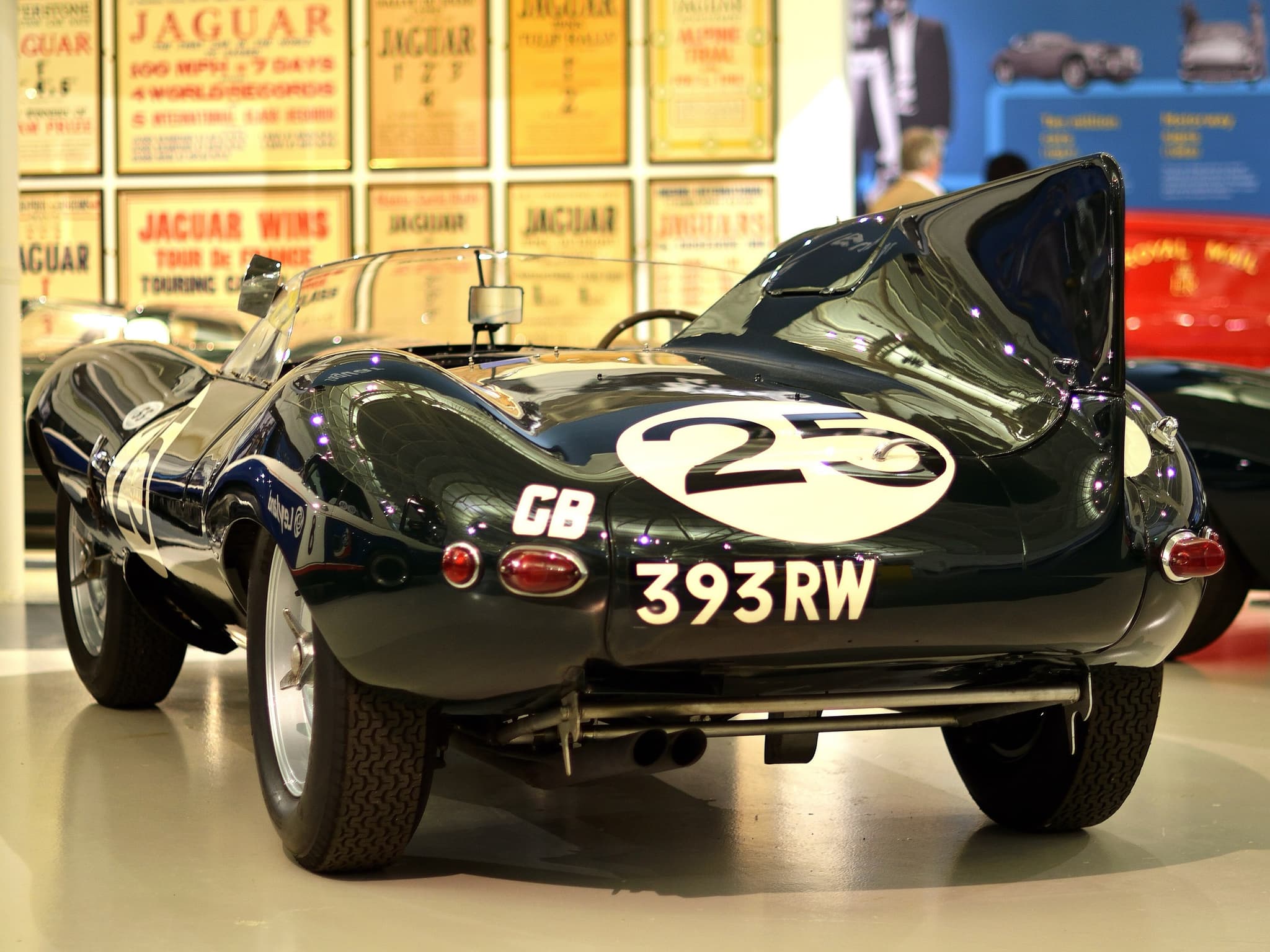 A green Jaguar D-type racing car with a tail fin and the number 2, seen from behind in a museum.